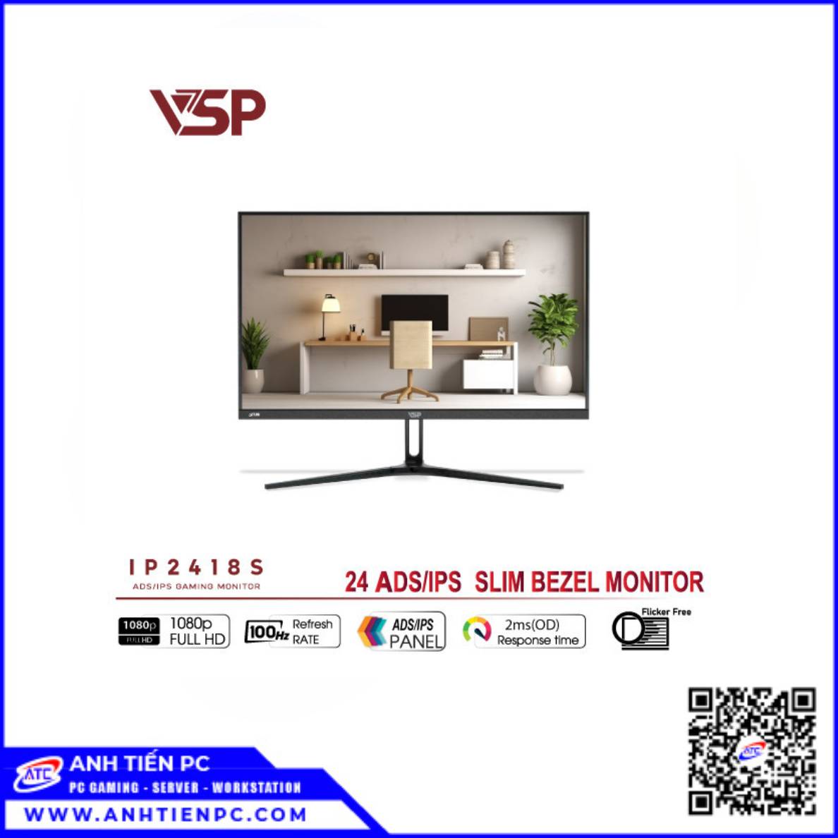 Màn Hình VSP IP2418S 24inch Phẳng Đen (IPS, FHD, 100HZ )