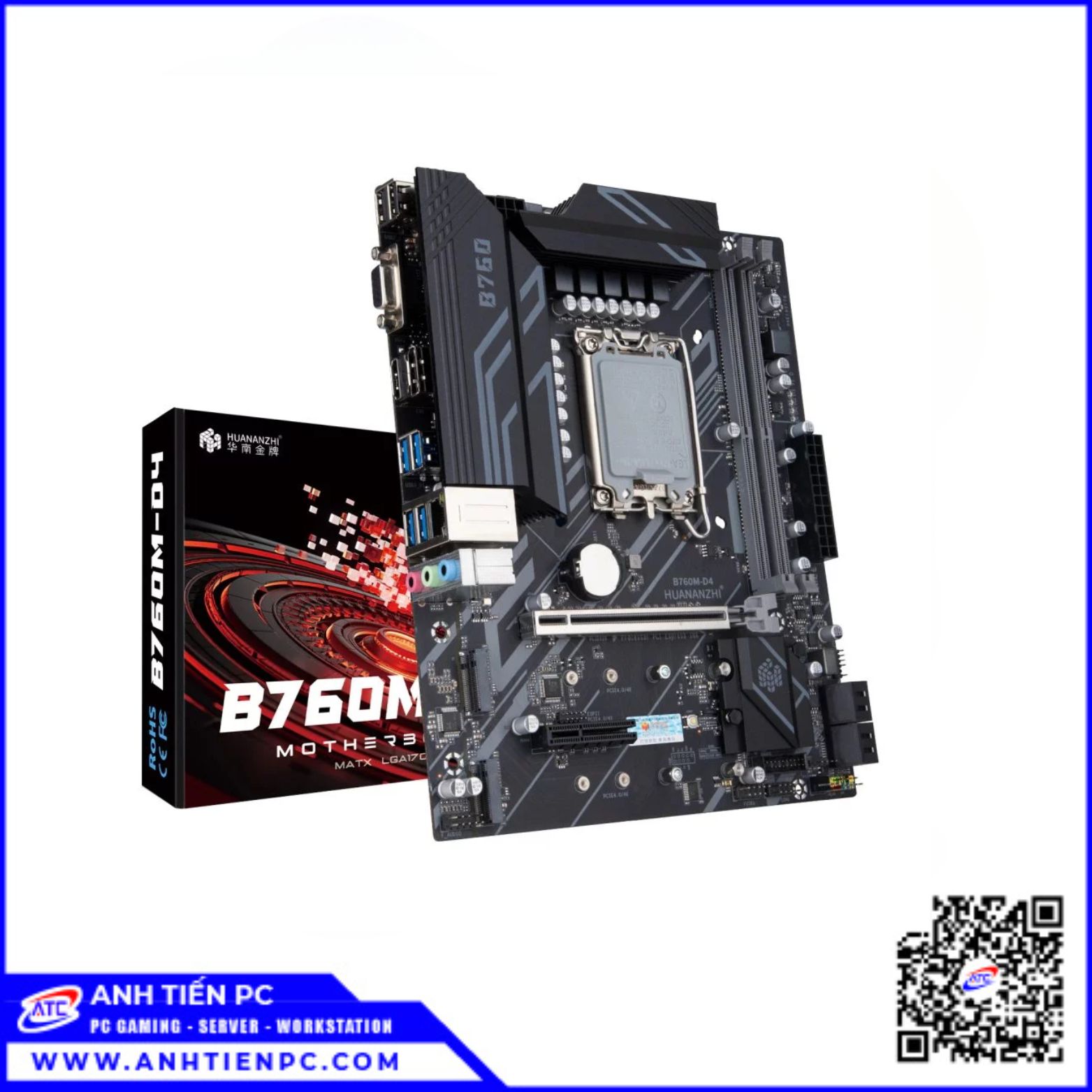 Mainboard Huananzhi B760M DDR4 (LGA1700, Intel B760, ATX, 2 khe ram) Đen