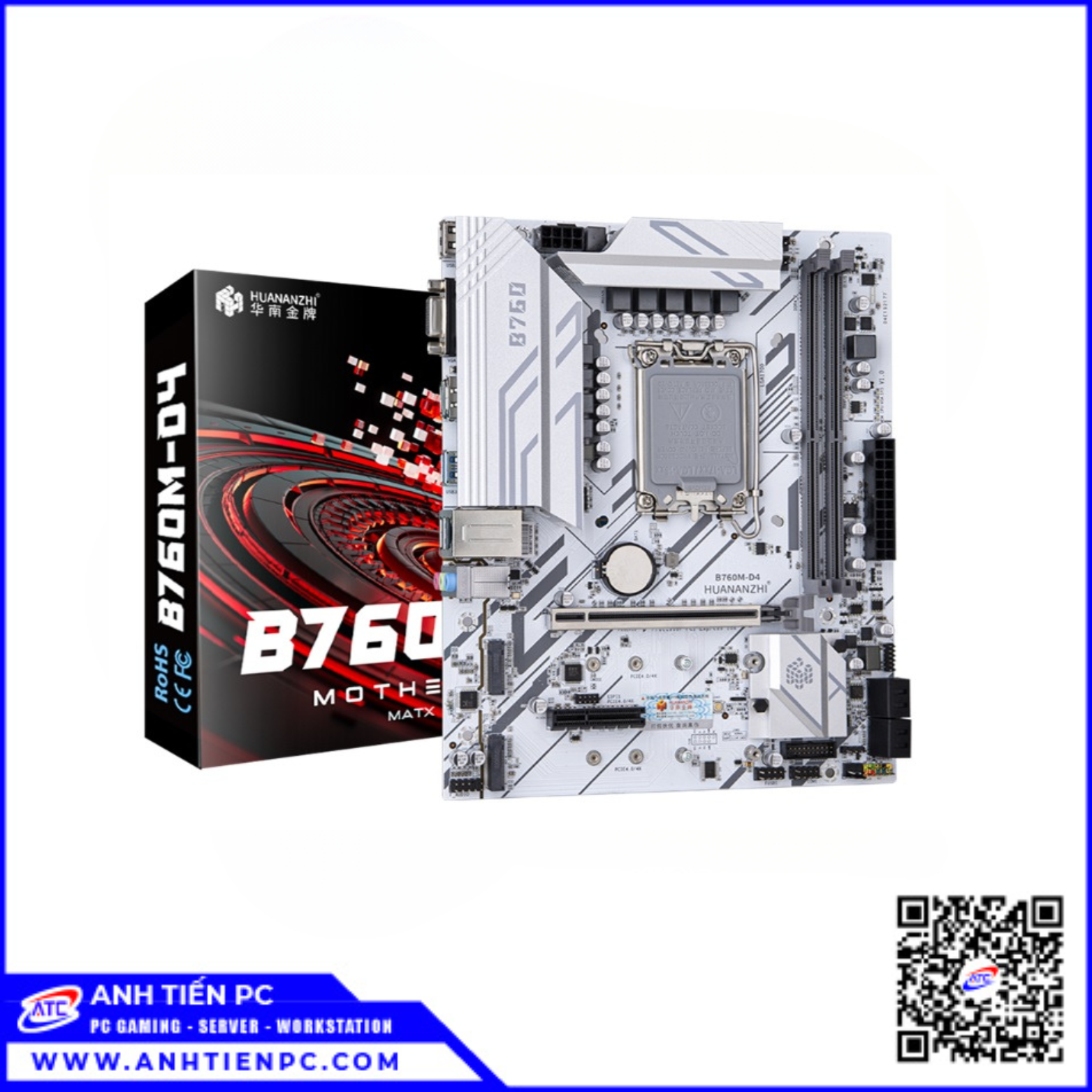 Mainboard Huananzhi B760M DDR4 (LGA1700, Intel B760, ATX, 2 khe ram) Trắng